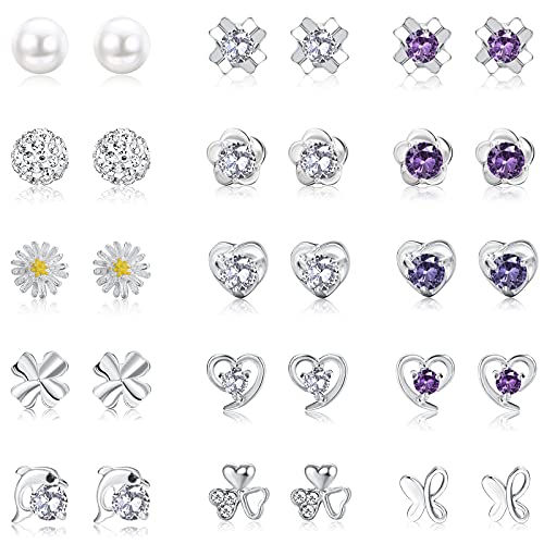 Milacolato 15 Paar Kleine Plated 925 Sterling Silver Ohrstecker Set für Damen Mädchen Zirkonia Ohrring Perle Kristall Runde Herzform CZ Blume Schmetterling Ohrringe Kinder von Milacolato