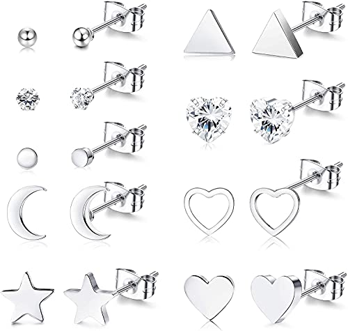 Milacolato 9 Paar Ohrstecker Chirurgenstahl Zierliches kleines Herz Mond und Stern Ohrringe Minimalistisch Geometrische CZ Silberkugel und Dreieck Ohrringe Sets für Damen Herren von Milacolato