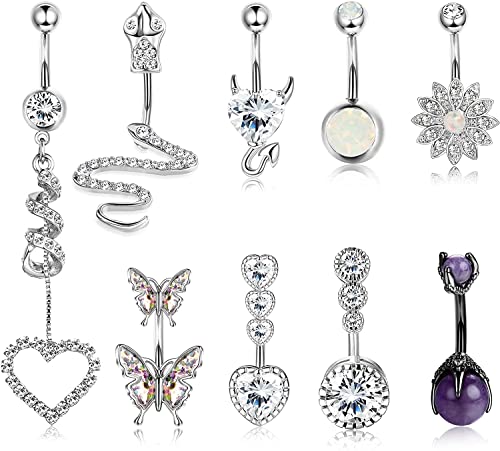 Milacolato 9 Stück 14G Bauchnabelringe Damen Piercing Nabel Bauchnabelpiercing Baumeln für Frauen Edelstahl Schlange Drachen Krallen Schmetterling Teufel Herz CZ Barbell Body Piecing Silber von Milacolato