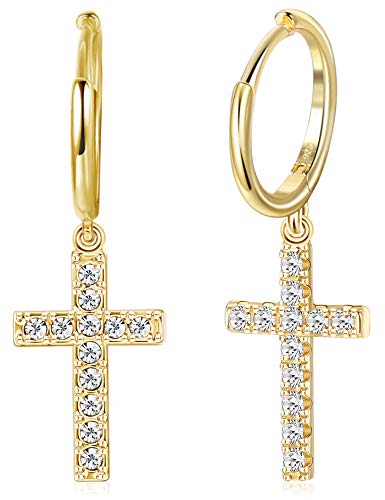 Milacolato 925 Sterling Silber Creolen Ohrringe Damen Ohrhänger Silber CZ Gold Hängende Zirkonia Kreuz Ohrringe für Frauen Herren mit Anhänger Silber/Gold von Milacolato