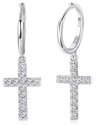 Milacolato 925 Sterling Silber Creolen Ohrringe Damen Ohrhänger Silber CZ Gold Hängende Zirkonia Kreuz Ohrringe für Frauen Herren mit Anhänger Silber/Gold von Milacolato