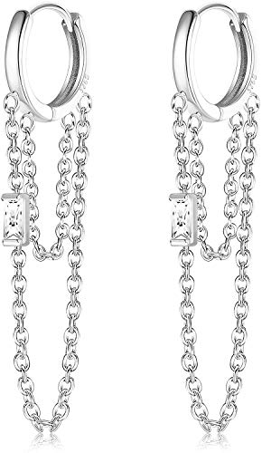 Milacolato 925 Sterling Silber Creolen mit Kette 18 Karat verGoldet Threader Dangle Ohrringe Knorpel Helix Manschette Huggie Ohrringe Hängend Ohrringe für Damen Silber Ton von Milacolato