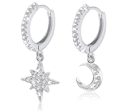 Milacolato 925 Sterling Silber Hängend Ohrringe CZ Hänge Creolen Mond und Stern mit Anhänger Mini Asymmetrische Cartilage Hängende Huggie Ohrringe Damen von Milacolato