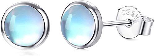 Milacolato 925 Sterling Silber Moonstone Ohrstecker Damen 14 Karat Weißgold Synthetische runde Mondstein Ohrstecker Kleine Ohrstecker für Frauen 6mm von Milacolato