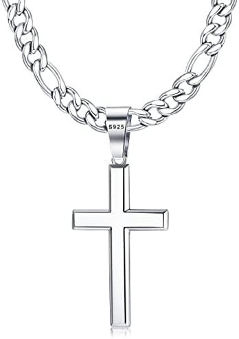 Milacolato 925 Sterling Silber Poliert Abgechrägte Kante Kreuz Anhänger Halskette für Herren Damen 5mm Edelstahl Diamantschliff Figaro Kreuz Kette Halskette 40/45/51/56/61/66/76 cm von Milacolato