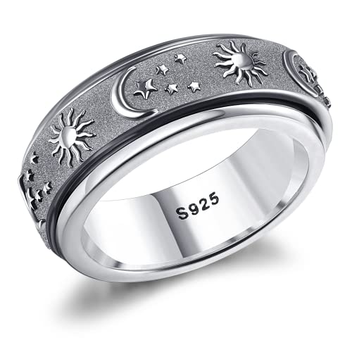 Milacolato 925 Sterling Silber Fidget Ring für Damen Herren 18 Karat Weißgold Vergoldet Spinner Statement Stapelbare Ringe Sonne Mond Sterne Geprägter Bandring für Damen von Milacolato