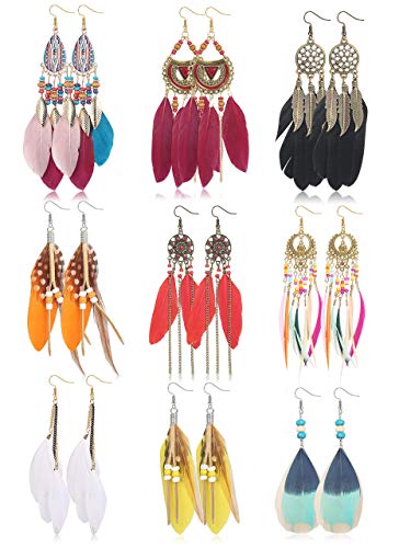 Milacolato 9Pairs Bohemian Faux Feder Ohrringe Für Frauen Ethnische Lange Bunte Feder Fringe Ohrringe Mode Baumeln Ohrring Valentinstag Muttertagsgeschenk von Milacolato