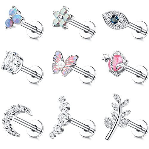 Milacolato 9Pcs 16G/18G Knorpel Tragus Ohrstecker Für Frauen Männer Innengewinde CZ Herz Blatt Helix Muschel Labret Monroe Flache Rückseite Ohrringe Piercing Schmuck von Milacolato