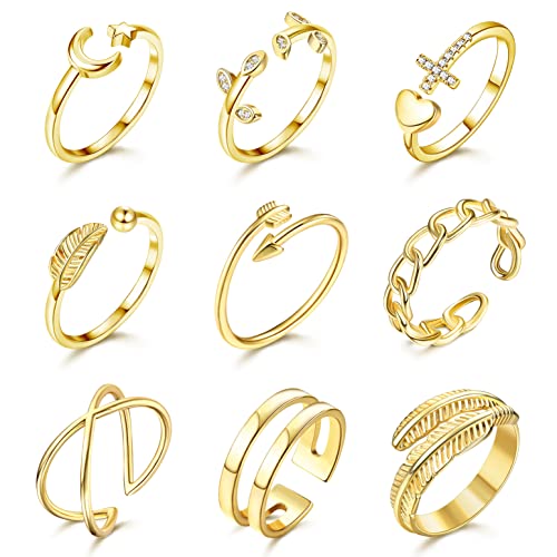 Milacolato 9cs Ringe für Damen,Verstellbare Ringe Set,Herz Feder Umarmung Schmetterling Blatt Ring Set,Offener Fingerring Ring Set für Frauen Mädchen Schmuck Gold von Milacolato