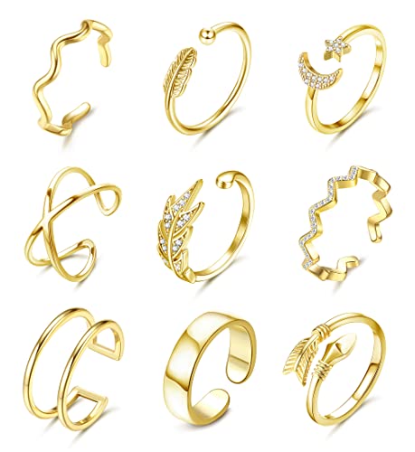 Milacolato 9cs Ringe für Damen,Verstellbare Ringe Set,Herz Stern Mond Schmetterling Blatt Ring Set,Offener Fingerring Daumen Ring Set für Frauen Mädchen Schmuck Gold von Milacolato