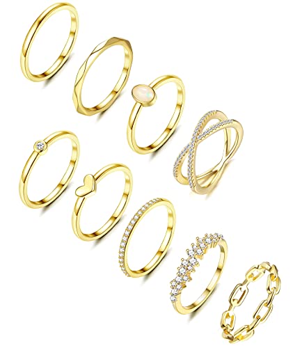 MILACOLATO 9Pcs Silber Gold Ring Set Für Damen Mädchen 14Karat Vergoldet Stapelbare Silberringe Knöchelringe CZ Herz Stapelband Ringe Einfacher Zierlicher Ehering Fingerring für Sie Frauen Größe 52-65 von Milacolato