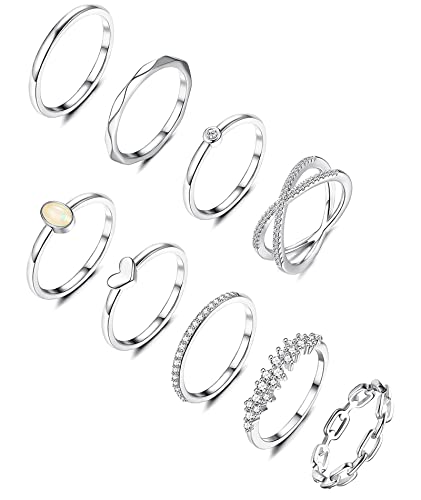 MILACOLATO 9Pcs Silber Gold Ring Set Für Damen Mädchen 14Karat Vergoldet Stapelbare Silberringe Knöchelringe CZ Herz Stapelband Ringe Einfacher Zierlicher Ehering Fingerring für Sie Frauen Größe 52-65 von Milacolato