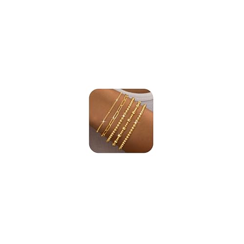 Milacolato Armband Damen Gold 18K Vergoldetes Gold Perlenarmband Stack Set Dehnbares Elastisches Gold Perlenarmband Wasserdichtes Gold Tennisarmband Verstellbare Armbänder Gold Schmuck Set-B von Milacolato