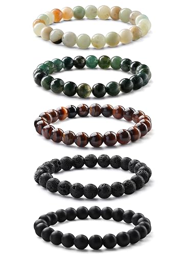 Milacolato 3-5PCS Armbänder für Herren 8MM Tigerauge Armband Herren Schwarzen Perlenarmband Herren Elastische Lavastein Armband Herren Perlen Vatertag Armband für Männer Schmuck Geschenke von Milacolato