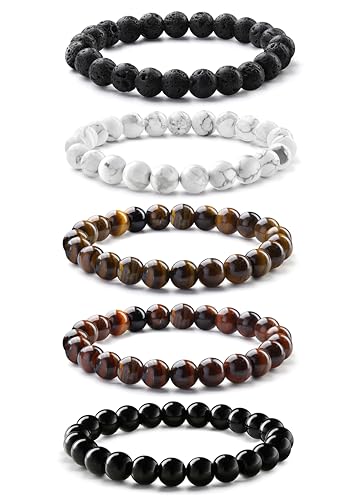 Milacolato 3-5PCS Armbänder für Herren 8MM Tigerauge Armband Herren Schwarzen Perlenarmband Herren Elastische Lavastein Armband Herren Perlen Vatertag Armband für Männer Schmuck Geschenke von Milacolato