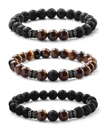 Milacolato Armband für Herren Perlenarmbänder 8MM Tiger Eye Herrenarmband Matte Lava Rock Perlen Armband Verstellbare Stretch Herren Perlenarmbänder Vatertag Armband für Männer Schmuck Geschenke-3TB von Milacolato