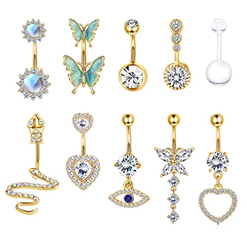 Milacolato 14G Bauchnabel Piercing Ring Belly Bar Kit Chirurgenstahl Edelstahl Dangle Bauchnabelpiercing Schmuck Lange Kette CZ Mondstein Schlange Herz Schmetterling Bauchnabel Pack Gold von Milacolato