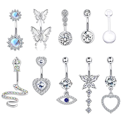 Milacolato 14G Bauchnabel Piercing Ring Belly Bar Kit Chirurgenstahl Edelstahl Dangle Bauchnabelpiercing Schmuck Lange Kette CZ Mondstein Schlange Herz Schmetterling Bauchnabel Pack Silber von Milacolato