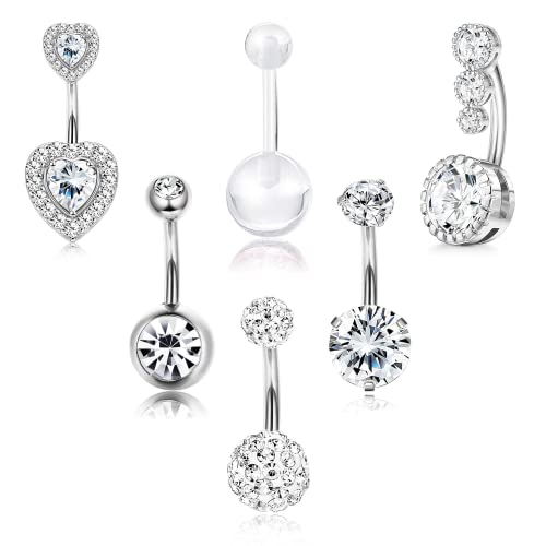 Milacolato Bauchnabelringe Chirurgischer Edelstahl Umgekehrte Bauchnabelpiercing für Damen Gebogene Langhantel CZ Niedlicher Körper Silber Piercing Schmuck 14G 6Pcs von Milacolato