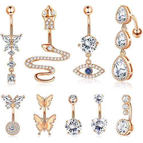 Milacolato 9pcs 14G Edelstahl Bauchnabelpiercing Ring für Damen Bauchstange Böser Blick Herz Schlange Schmetterling CZ Lang Hängend Bauchnabelpiercing Piercing Schmuck Roségold von Milacolato