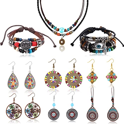 Milacolato Bohemian Vintage Schmuck Set für Damen Boho Retro Strass Ohrhänger Mehrschichtiges Perlen Lederarmband und Türkisfarbene Perlenkette Ohrringe Hängend Schmuck für Frauen Mädchen von Milacolato