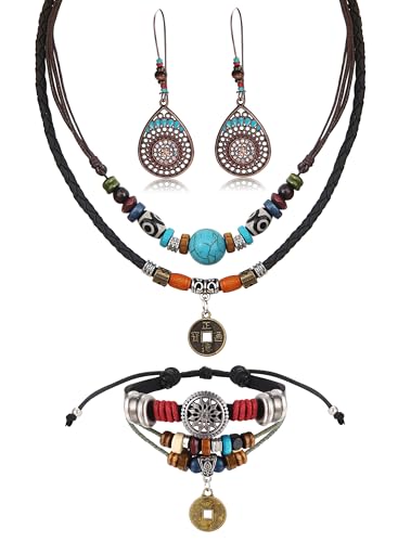 Milacolato Boho Schmuck Set Damen Lederband Kette Lederkette Indianer Schmuck Böhmischer Langer Vintage Hippie Halsreif Kette Baumelnde Ohrringe Perlen Schmuckset Der Lederkette Für Frauen von Milacolato