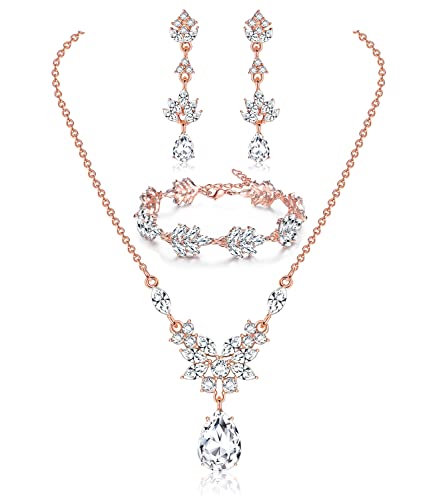 Milacolato Brautschmuck Set Für Damen Funkelnde Cz Kristall Tropfen Halskette Ohrringe Und Griechischer Lorbeerzweig Armband Schmuck Set Für Hochzeit Braut Brautjungfer Abschlussball Roségold von Milacolato