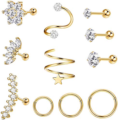 Milacolato 16-18G 11 Stücke Edelstahl Piercing Ohr Set Ohrringe Creolen Damen Helix Conch Piercings Ring CZ Tragus Stecker Ohrknorpel Piercing Schmuck Gold von Milacolato