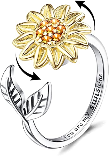 Milacolato Fidget Ring für Frauen Mädchen Offene Verstellbar Anxiety Ring Silber Stapelringe Knöchelringe Fancy Spinner Ringe Schmuck Damen Sonnenblume von Milacolato