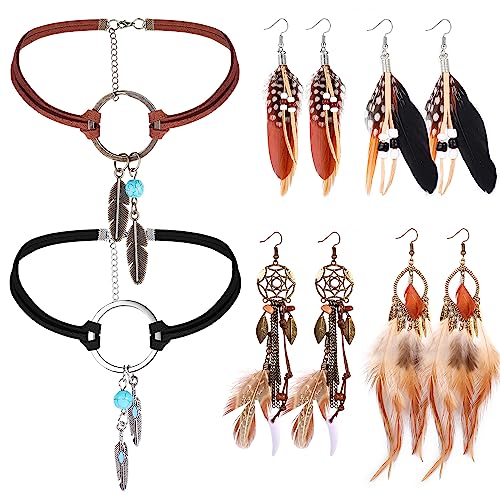 Milacolato Indianer Schmuck Bohemian Ohrringe und Halskette für Damen Boho Retro Strass Hängend Ohrringe Mehrschichtige Boho Vintage Ohrhänger Perlen Lederarmband und Perlen Kette Boho Schmuck Set von Milacolato