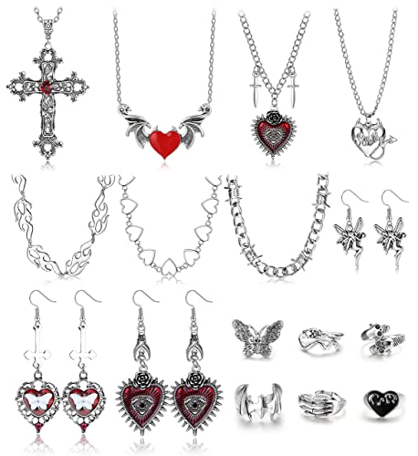 Milacolato 16 Teiliges Grunge Gothic Schmuck Set Punk Halskette Set Vintage Goth Ring für Frauen Gothic Ohrhänger Goth Choker Halskette Emo Y2K Schmuck für Mädchen Männer von Milacolato