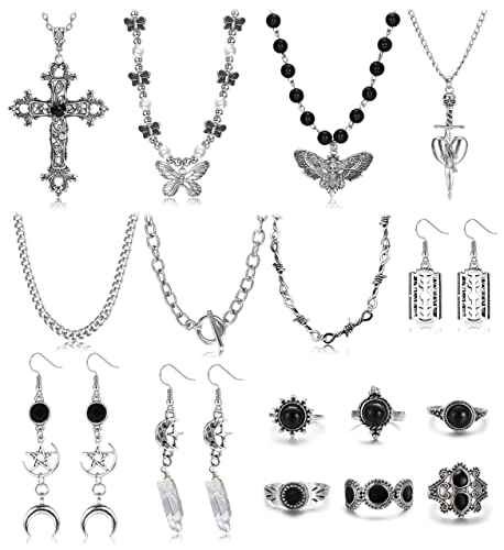 Milacolato 16 Teiliges Grunge Gothic Schmuck Set Punk Halskette Set Vintage Goth Ring für Frauen Gothic Ohrhänger Goth Choker Halskette Emo Y2K Schmuck für Mädchen Männer von Milacolato