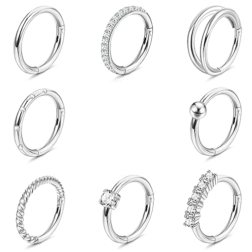 Milacolato Nasenpiercing Ring 8 Stück 18G 16G Nasenring Reifen für Damen Chirurgenstahl CZ Septum Clicker Lippenringe Helix Conch Daith Nase Nostril Piercing Ring Silber 8mm 10mm Nasenringe Schmuck von Milacolato