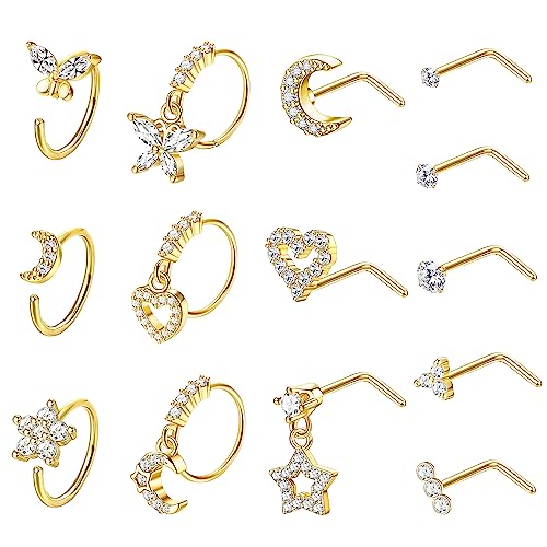 Milacolato 14 Stück 20G Nasenring und Stecker L-Form Nasenstecker 316L Edelstahl Hängend Nasenring Herz Nase Ohrstecker Reifen Helix Tragus Piercing Ring Nasenpiercing Schmuck Gold von Milacolato