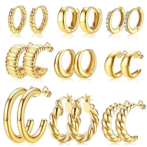 MILACOLATO 9 Paare Ohrringe Silber/Gold Creolen Damen Leichtgewicht 14K Gold VerGoldet Chunky Hoop Ohrringe Multipack Hypoallergen Twisted Huggie Hoops Ohrring Set Schmuck für Geschenke Gold von Milacolato