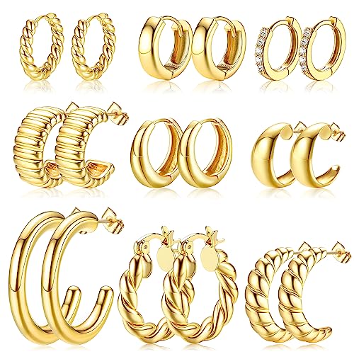 MILACOLATO 9 Paare Ohrringe Silber/Gold Creolen Damen Leichtgewicht 14K Gold Vergoldet Chunky Hoop Ohrringe Multipack Hypoallergen Twisted Huggie Hoops Ohrring Set Schmuck für Geschenke von Milacolato