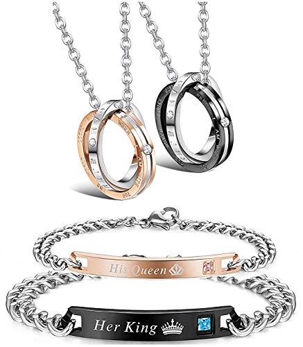 Milacolato Paar Anhänger Halskette Geschenk für Männer Frauen & Ihn Passende Set Schmuck Edelstahl Paare Abstand Armbänder Kette Liebhaber Geschenk, 4 STÜCKE von Milacolato