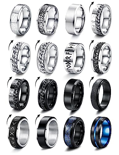 Milacolato 16 Stück Edelstahl Fidget Ring Spinner Ring Edelstahl Spinner Ringe für Zappeln für Damen Hochzeitsversprechen Schwarze Bandringe Coole Schwarze Ringe für Männer 52-70 von Milacolato