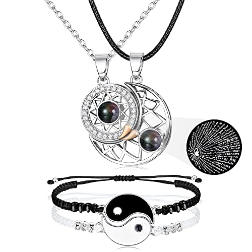 Milacolato Pärchen Kette Armband Set Für Couple BFF, 100 Sprachen I Love You Magnet Sonne Mond Projektion Anhänger Halskette Ying Yang Armbänder Verstellbar Paar Freundschaftskette Schmuck Silber von Milacolato