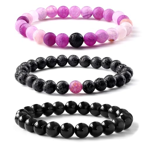 Milacolato 3-4 Stücke Armbänder für Herren - Tigerauge, Lavastein, schwarzer Onyx - Schwarz, Lila - Perlenarmband, Herren Armband - Vatertag Armband für Männer - Schmuck Geschenke von Milacolato