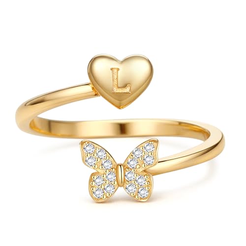 MILACOLATO Ring Silber 925 Damen Verstellbare Initiale Ringe mit Schmetterling Frauen Band Ring Gold Stapelbar Promise Fingerring Hypoallergen 18K Vergoldet Offener Daumenring 925 Sterling Silber-L von Milacolato