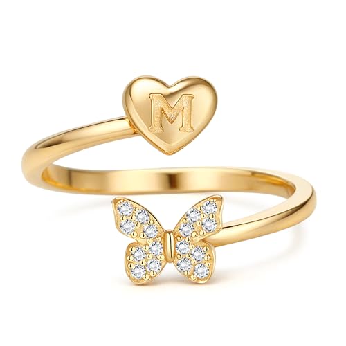 MILACOLATO Ring Silber 925 Damen Verstellbare Initiale Ringe mit Schmetterling Frauen Band Ring Gold Stapelbar Promise Fingerring Hypoallergen 18K Vergoldet Offener Daumenring 925 Sterling Silber-M von Milacolato