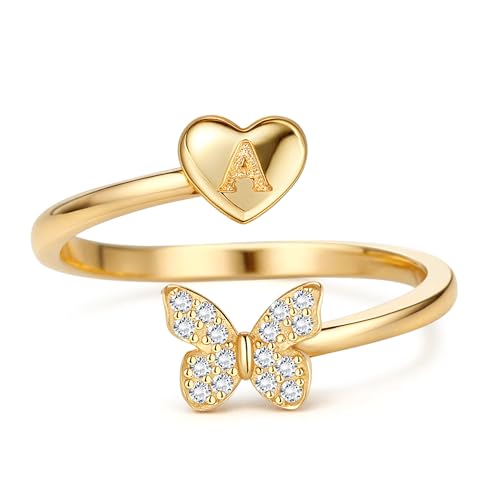 MILACOLATO Ring Silber 925 Damen Verstellbare Initiale Ringe mit Schmetterling Frauen Band Ring Gold Stapelbar Promise Fingerring Hypoallergen 18K Vergoldet Offener Daumenring 925 Sterling Silber-A von Milacolato