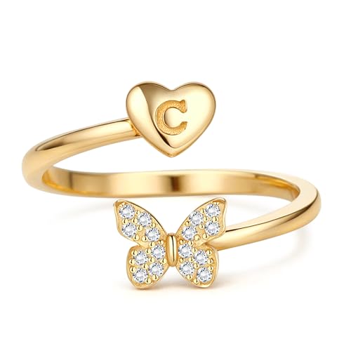 MILACOLATO Ring Silber 925 Damen Verstellbare Initiale Ringe mit Schmetterling Frauen Band Ring Gold Stapelbar Promise Fingerring Hypoallergen 18K Vergoldet Offener Daumenring 925 Sterling Silber-C von Milacolato