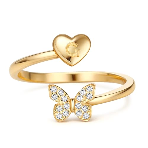 MILACOLATO Ring Silber 925 Damen Verstellbare Initiale Ringe mit Schmetterling Frauen Band Ring Gold Stapelbar Promise Fingerring Hypoallergen 18K Vergoldet Offener Daumenring 925 Sterling Silber-G von Milacolato