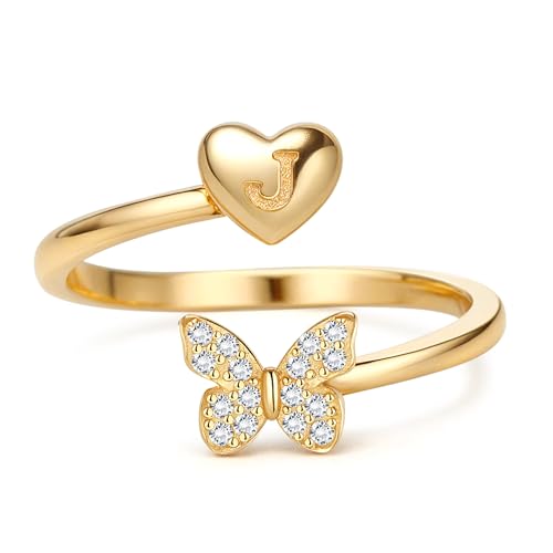 MILACOLATO Ring Silber 925 Damen Verstellbare Initiale Ringe mit Schmetterling Frauen Band Ring Gold Stapelbar Promise Fingerring Hypoallergen 18K Vergoldet Offener Daumenring 925 Sterling Silber-J von Milacolato