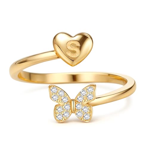 MILACOLATO Ring Silber 925 Damen Verstellbare Initiale Ringe mit Schmetterling Frauen Band Ring Gold Stapelbar Promise Fingerring Hypoallergen 18K Vergoldet Offener Daumenring 925 Sterling Silber-S von Milacolato