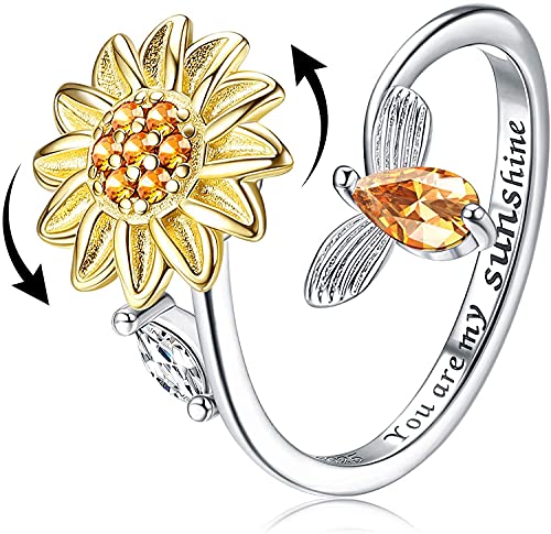 Milacolato S925 Sterling Silber Ringe Fidget Ringe für Damen Verstellbarer Offener Ring Zirkonia Sonnenblume Du bist Mein Sonnenschein Spinner Ringe für Damen von Milacolato