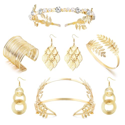 Milacolato Schmuck Set Damen 6 Teiliges Griechisches Göttinnen-Kostümzubehör Set Für Frauen Boho Goldenes Lorbeerblatt Ohrringe Spule Oberes Armband Oberarmreif Gold Toga Kostümschmuck von Milacolato