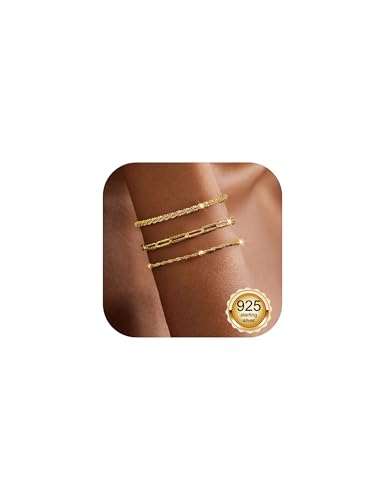 Milacolato Armband Silber 925 Damen Armband 16 Karat Vergoldet Zierliche Gliederketten Armbänder Stapelbar Verstellbar Mehrlagig Büroklammer Perlen Armbänder für Damen Mädchen von Milacolato